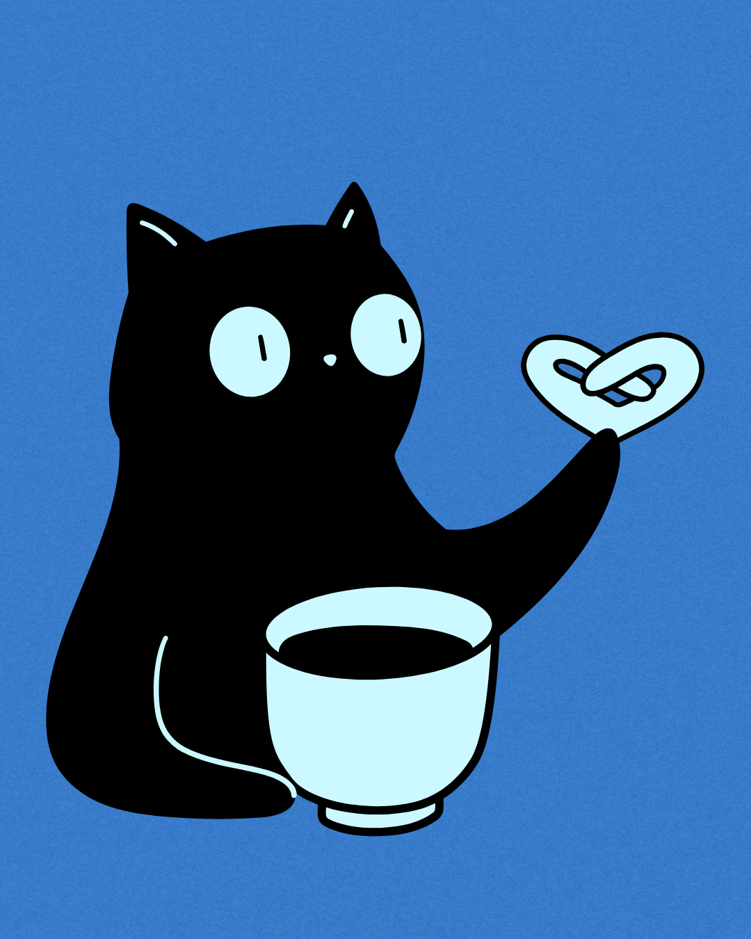 Ilustração de um gatinho preto tomando café